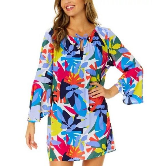 Anne Cole Women's Floral Bell-Sleeve Cover-Up Tunic Dress Size L/XL $84 New - Picture 1 of 8
